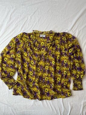 Dress Forum Sheer Floral Blouse Size Small Yellow Purple Smocked Cuff Boho